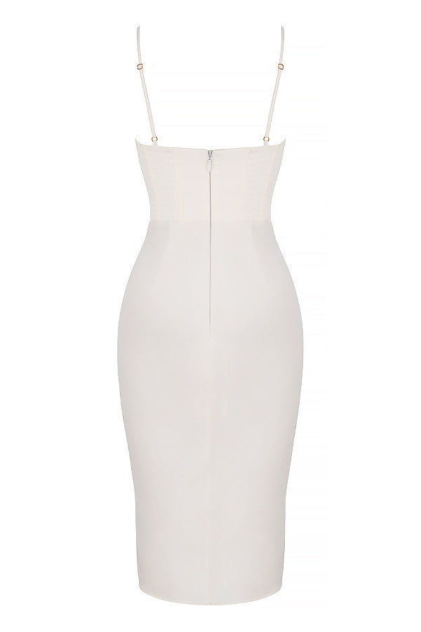 Satin Cowl Neck Corset Bodice Spaghetti Strap Midi Dress 16