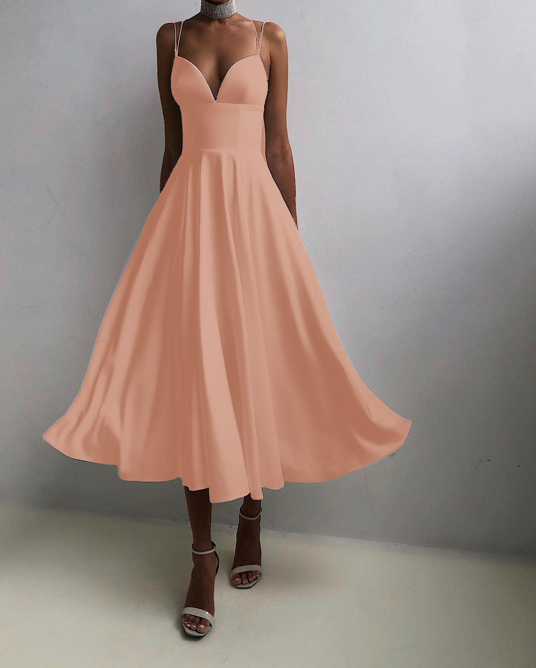 Satin Deep V-Neck Spaghetti Strap Fit and Flare Midi Dress 6