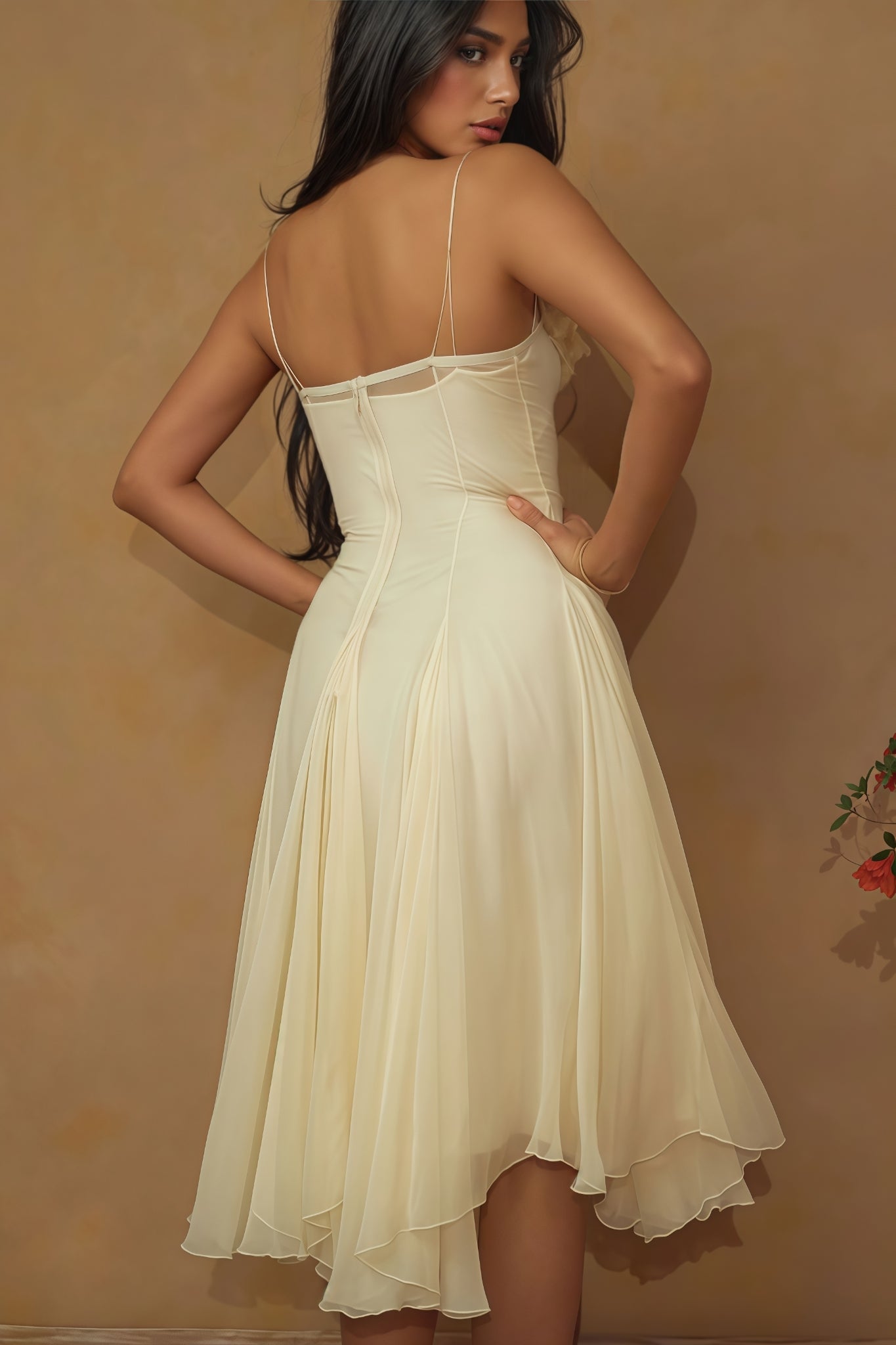 Thadt Yellow Strapless Mesh Midi Dress - View 8