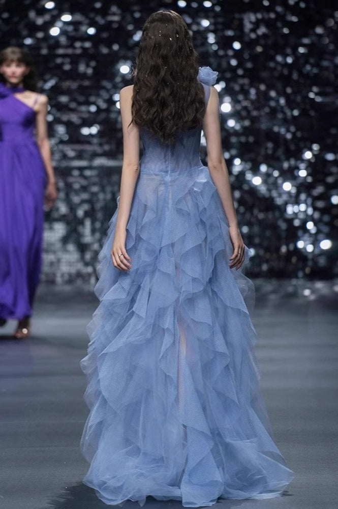 Tulle One Shoulder Bustier Tiered Ruffle Gown