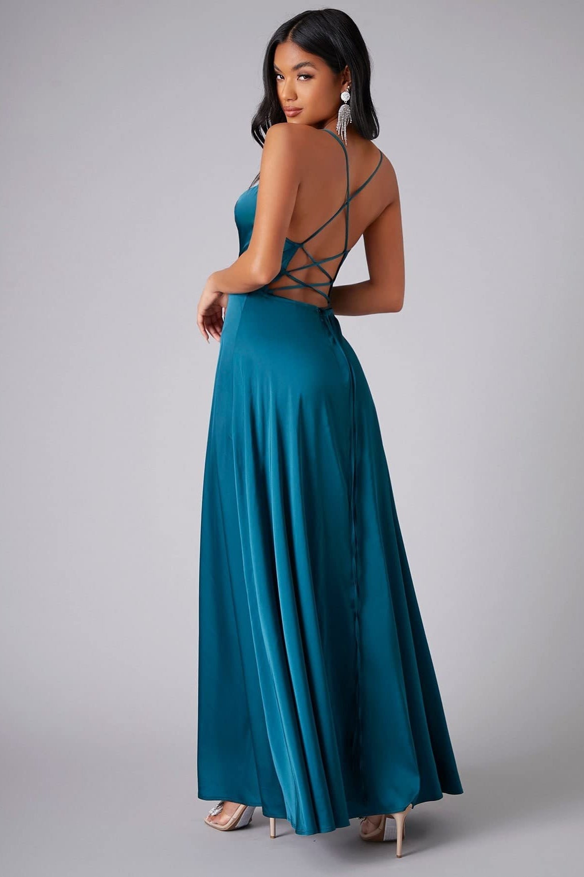Satin Cowl Neck Spaghetti Strap High Split Maxi Formal Dress