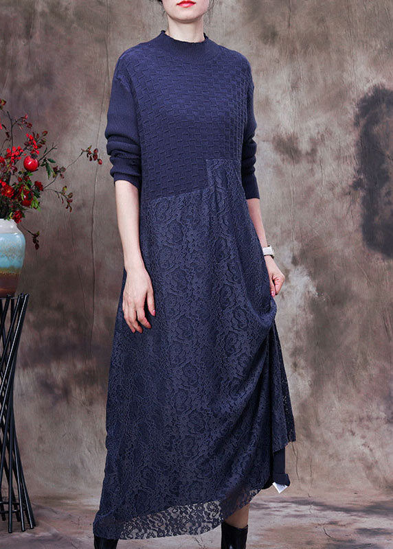Mock Neck Knit Bodice Lace Skirt Asymmetric Seam Maxi Dress