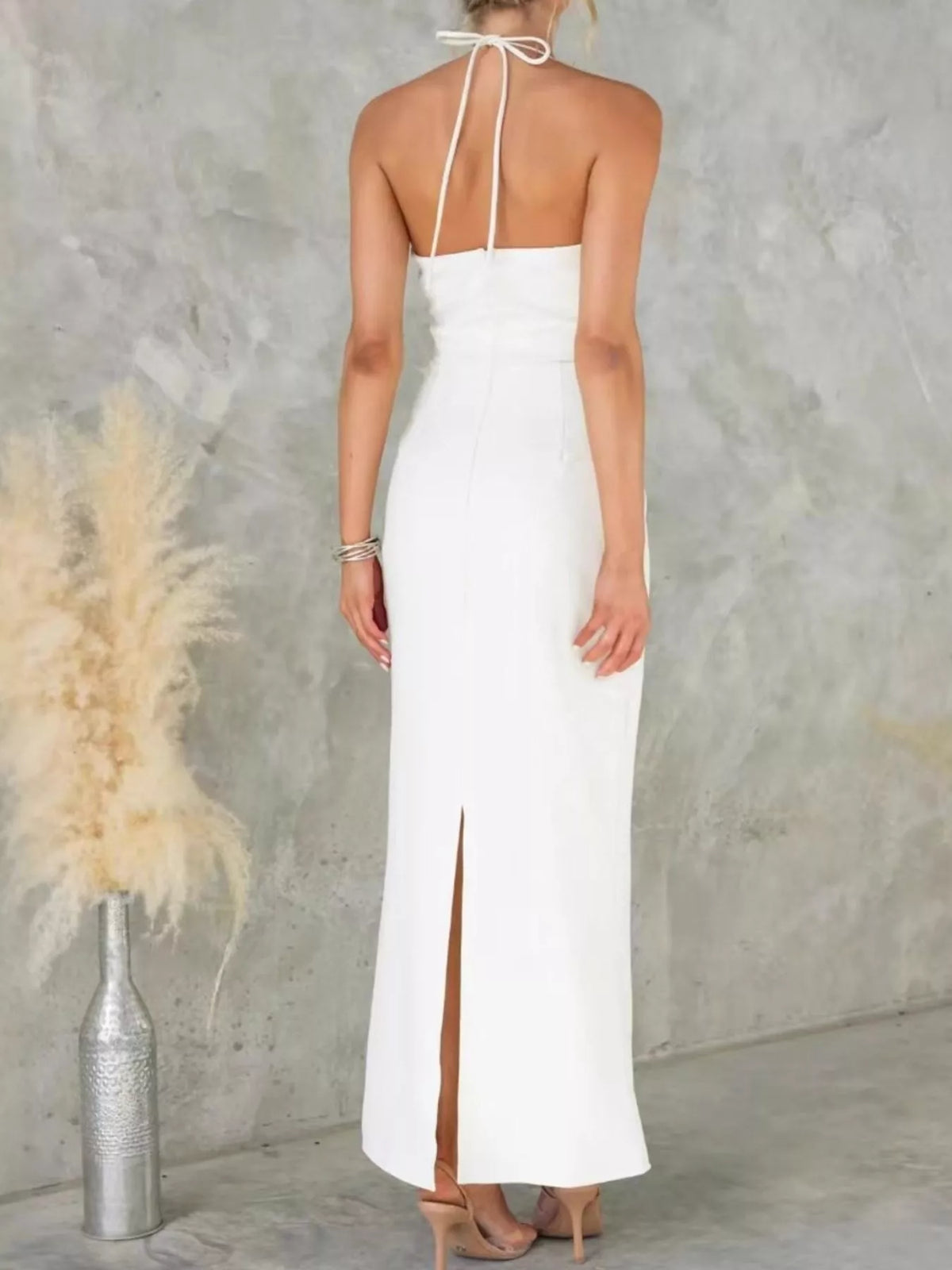 Halter Neck Double Buckle Belted Column Maxi Dress 4