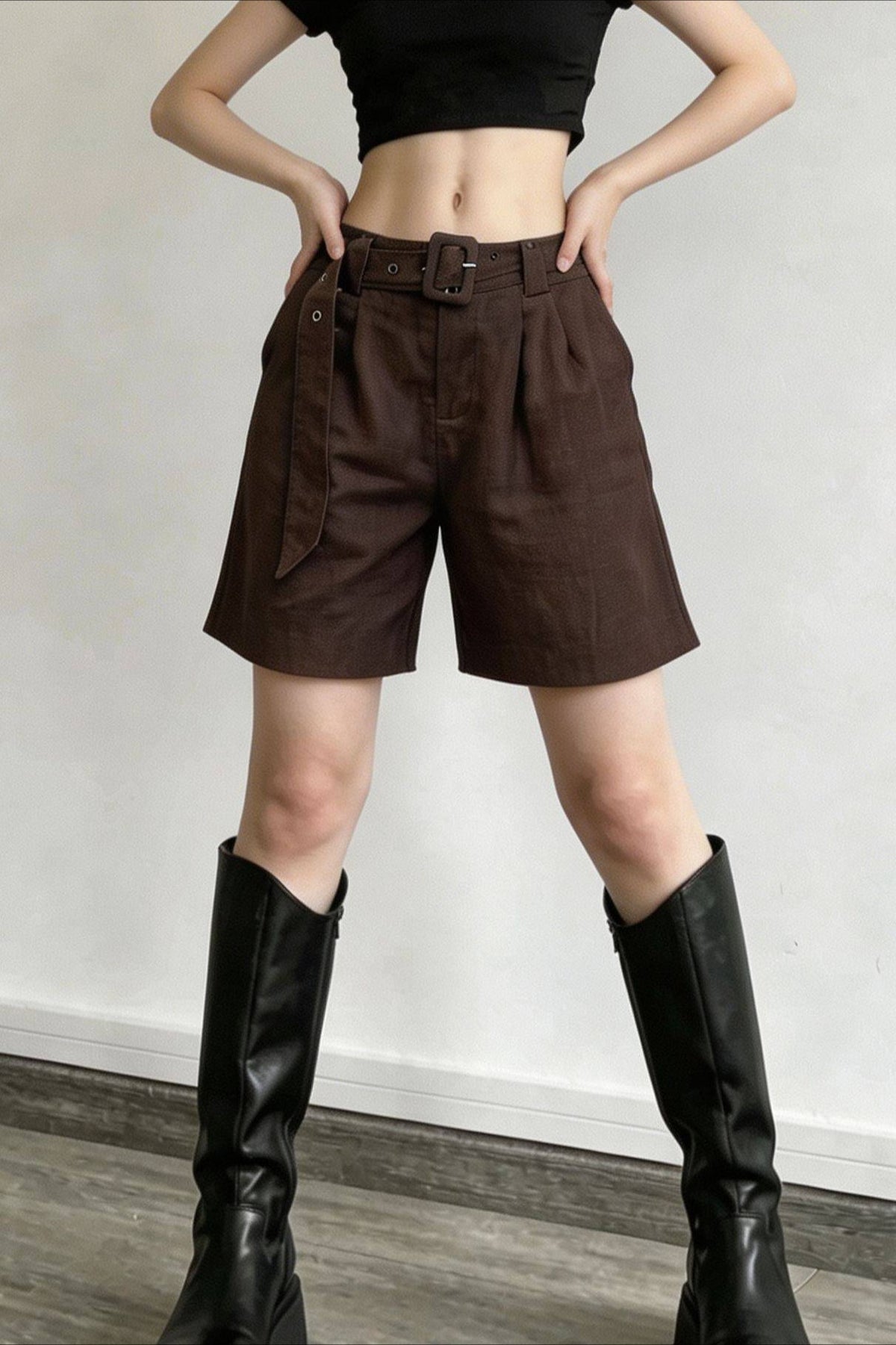 High Waist Belted Pleated Linen Look Bermuda Shorts