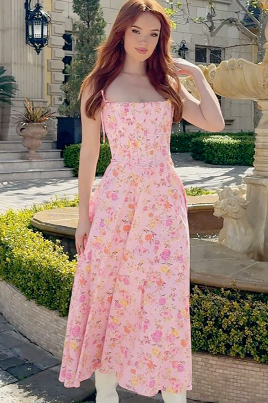 Floral Spaghetti Strap Bustier Corset A-Line Maxi Dress