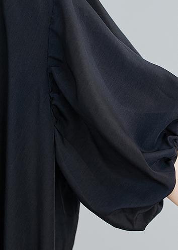 Round Neck Puff Sleeve Asymmetric Ruched Handkerchief Hem Oversized Midi Dress