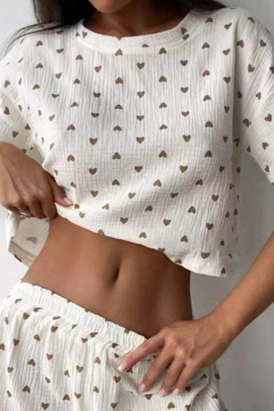 Heart Print Crinkle Short Sleeve Tee and Shorts Pajama Set