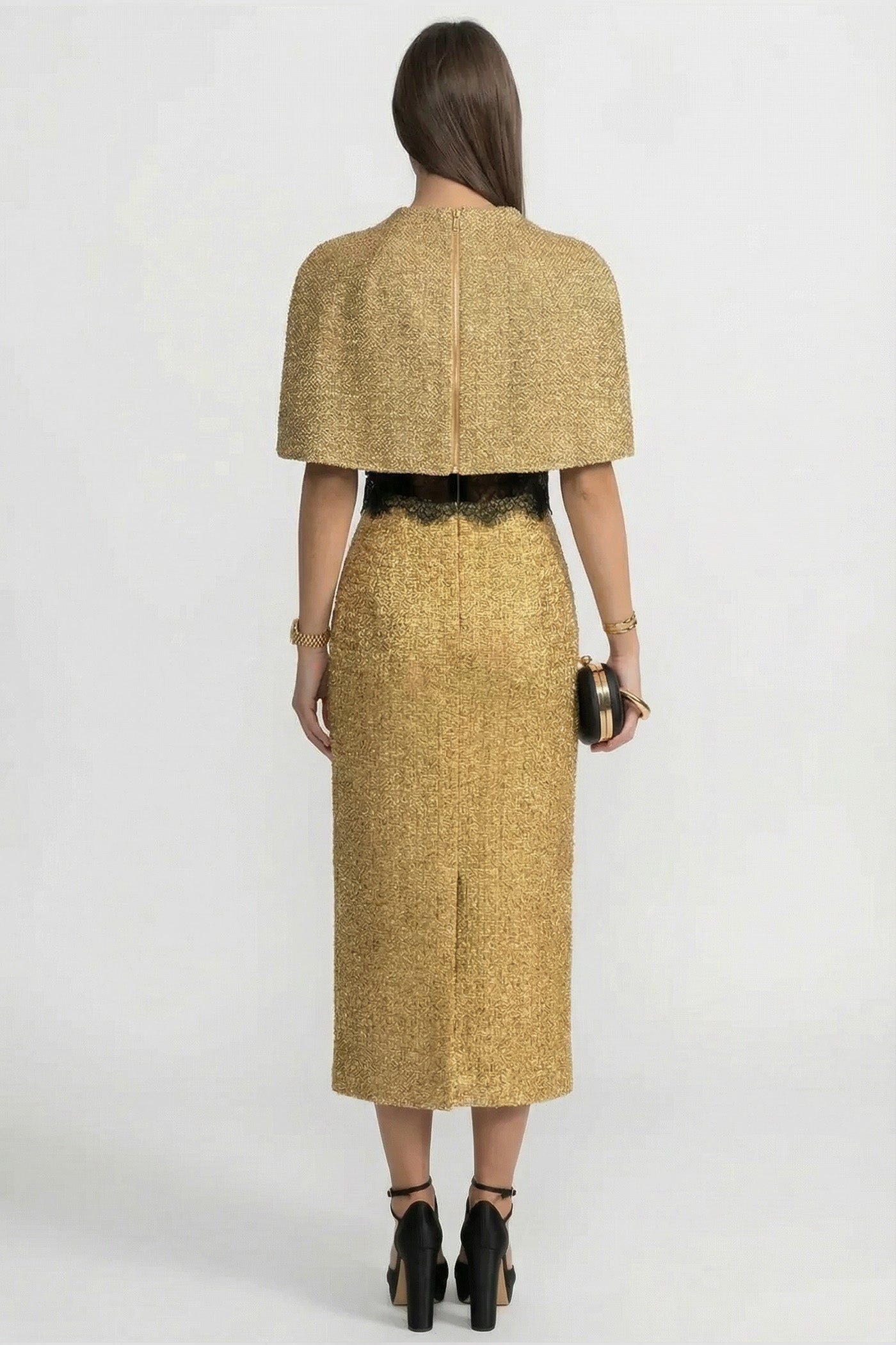 Metallic Boucle Cape Overlay Lace Waist Band Midi Dress - View 7