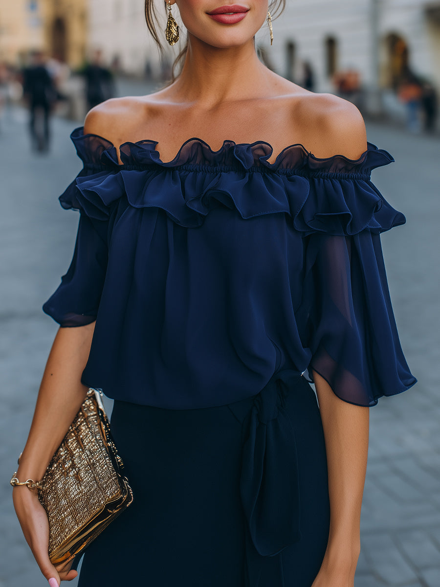 Off Shoulder Ruffle Trim Chiffon Top