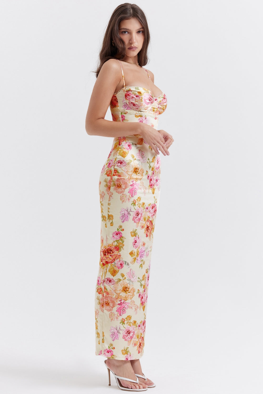 Floral Satin Sweetheart Ruched Bust Spaghetti Strap Maxi Dress 8