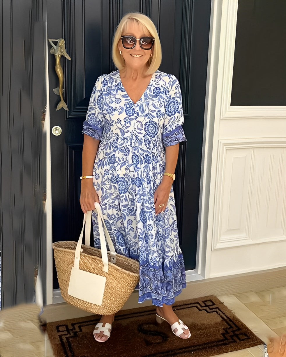 Floral V-Neck Puff Sleeve Tiered Maxi Dress