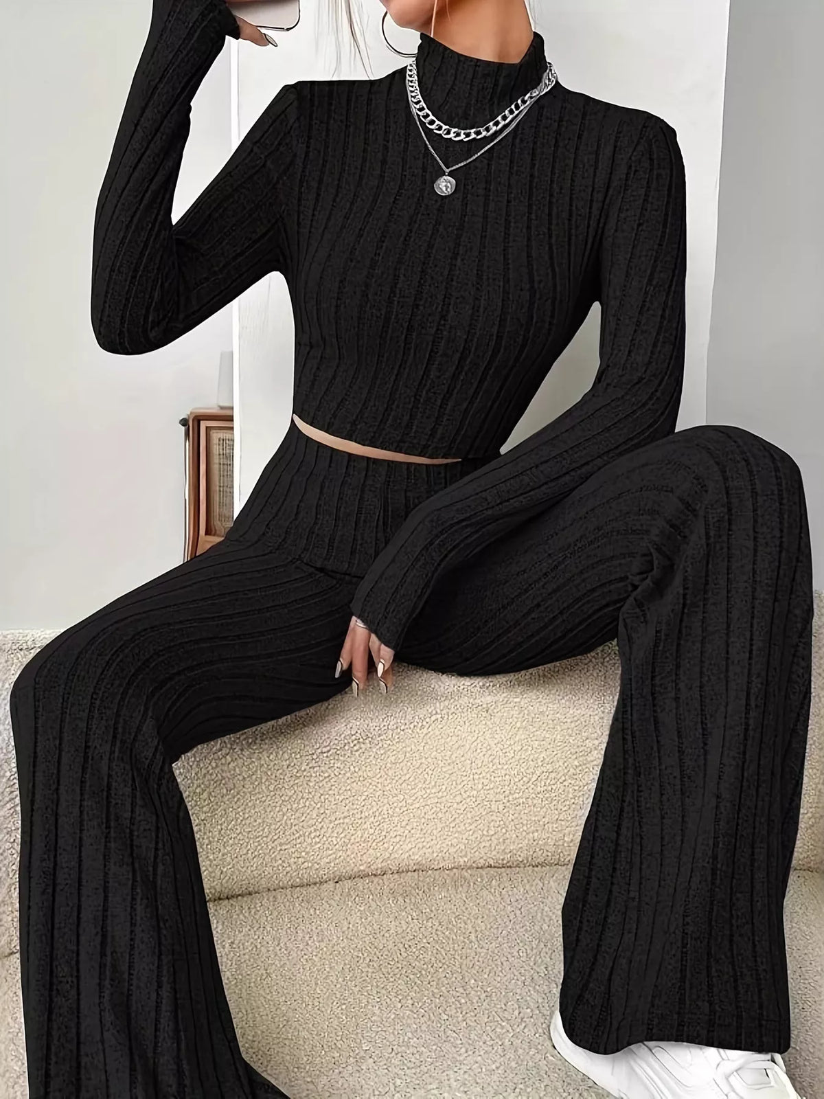 Mock Neck Long Sleeve Ribbed Knit Crop Top and Flare Pants Two Piece Set 5