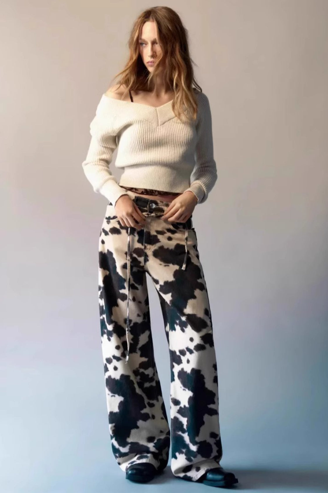 Cow Print Denim-Look Low Rise Loose Wide Leg Jeans
