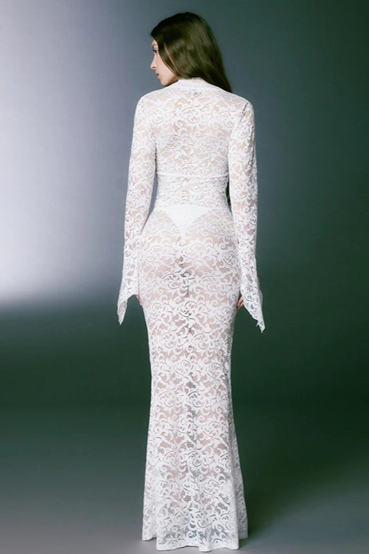Sheer Lace Deep V-Neck Flared Sleeve Maxi Lace Dress