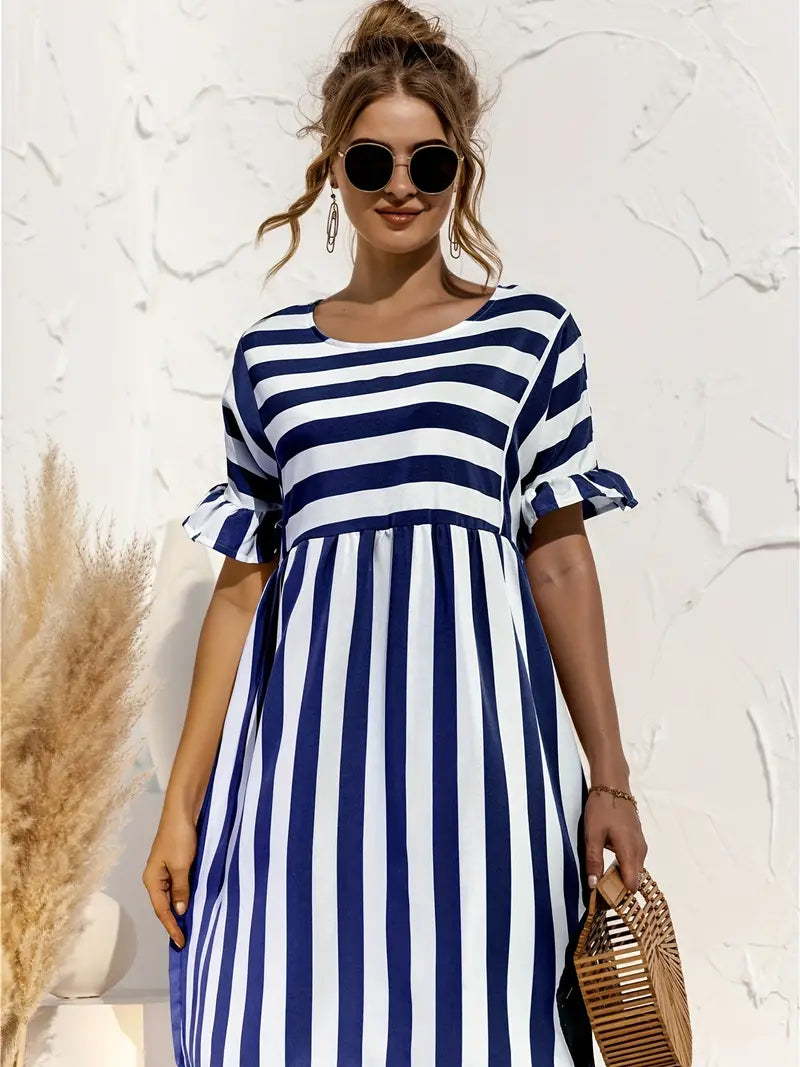 Striped Round Neck Ruffle Short Sleeve Empire Waist Smock Dress