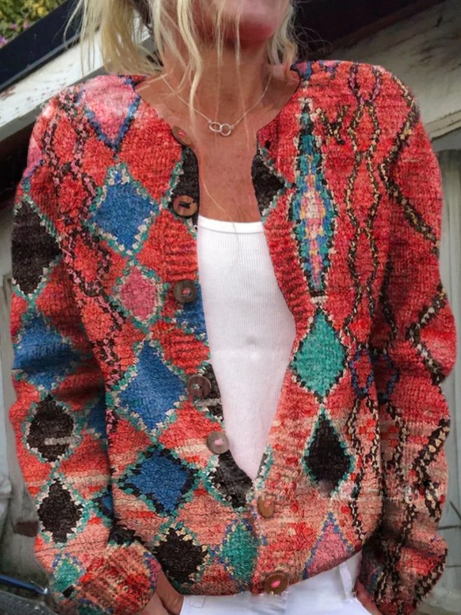 Round Neck Floral Print Button Front Knit Cardigan