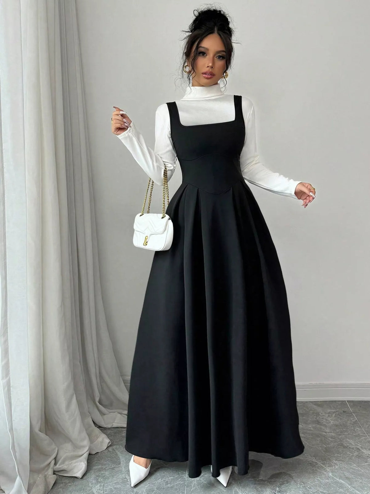 Square Neck Sleeveless Corset Waist Pleated A-Line Maxi Dress 3