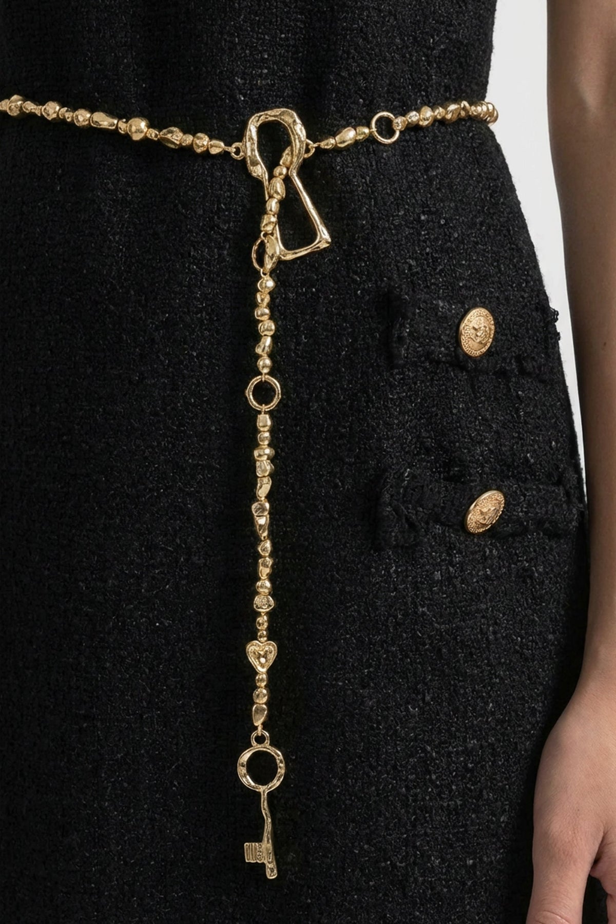 Tweed Sleeveless Chain Belt Key Charm Button Pocket Mini Dress - View 3