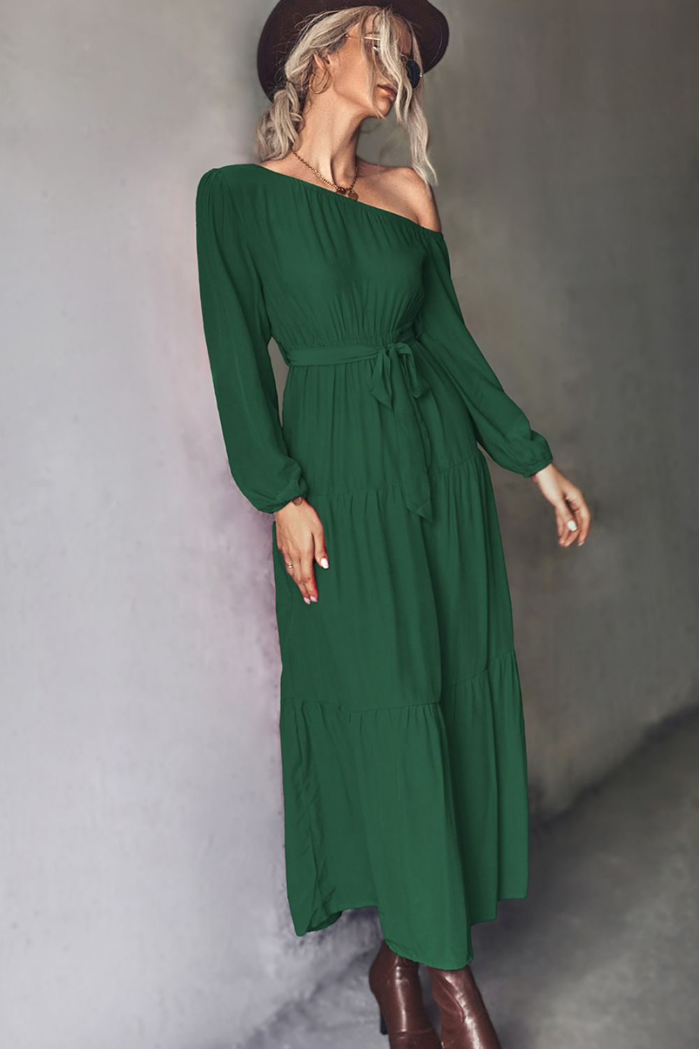 One Shoulder Long Sleeve Belted Tiered Maxi Dress 9