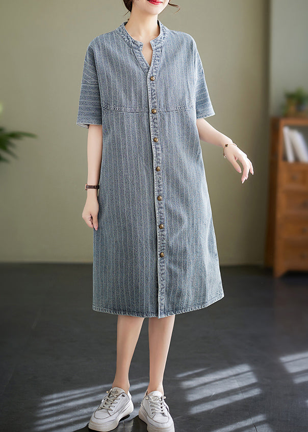 Striped Denim Mandarin Collar Button Down Short Sleeve Shirt Dress