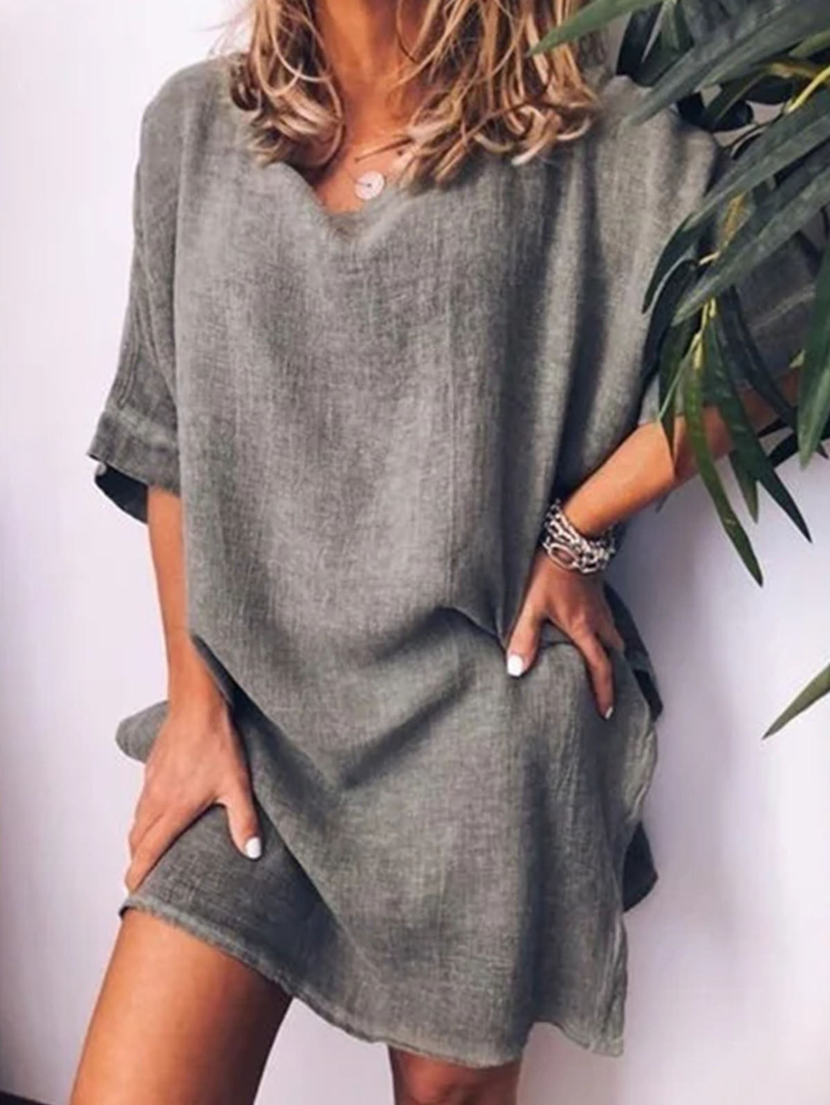 Linen Look Drop Shoulder Round Neck Pocket Relaxed Shift Mini Dress