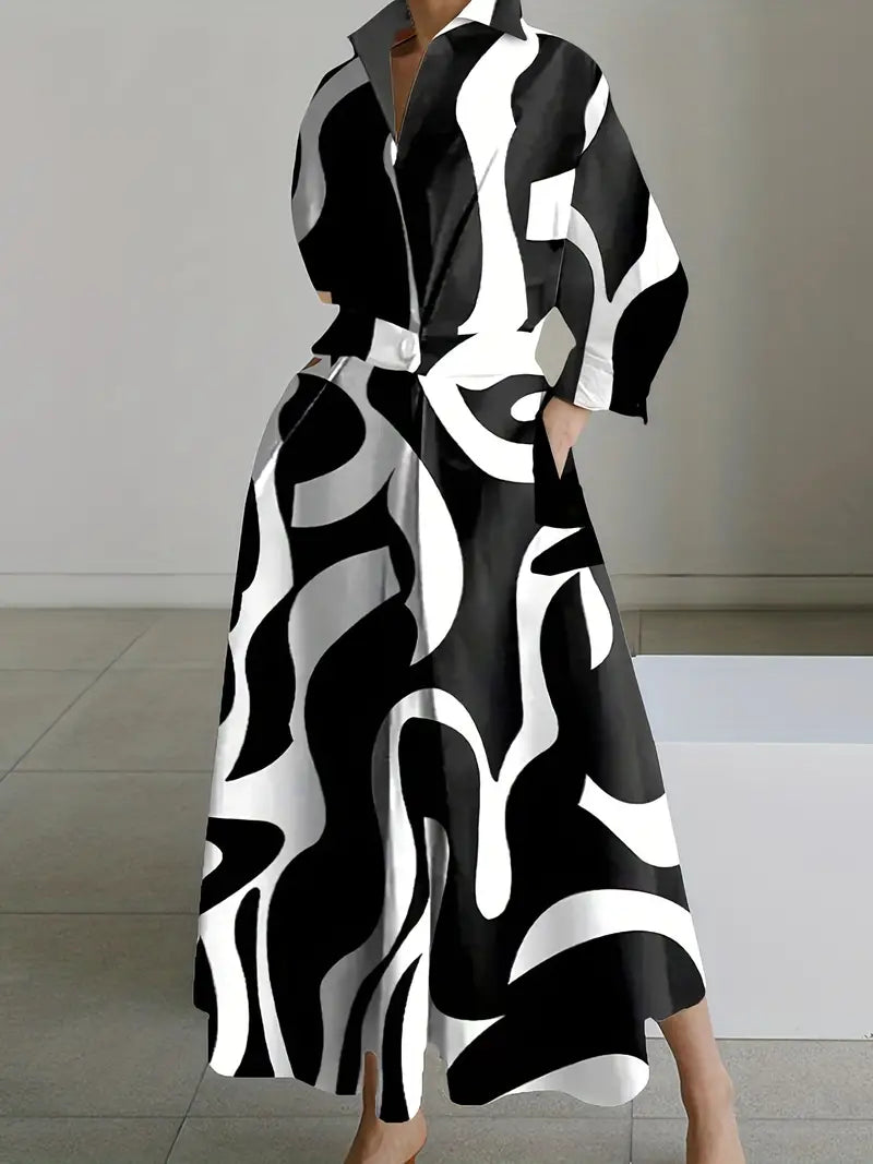 Abstract Swirl Print Collared Button Front Belted Maxi Dress