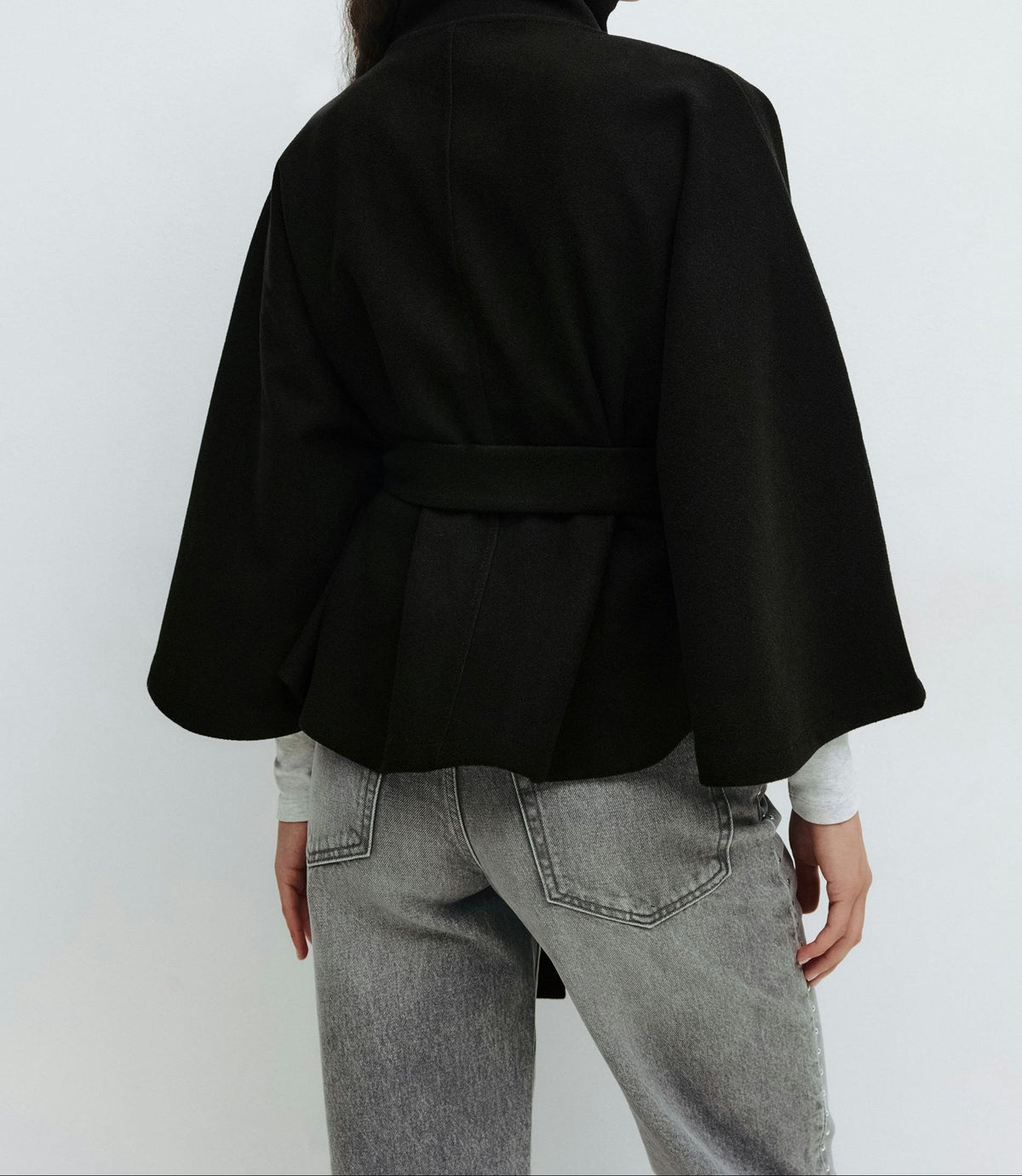 High Neck Button Front Belted Cape Jacket