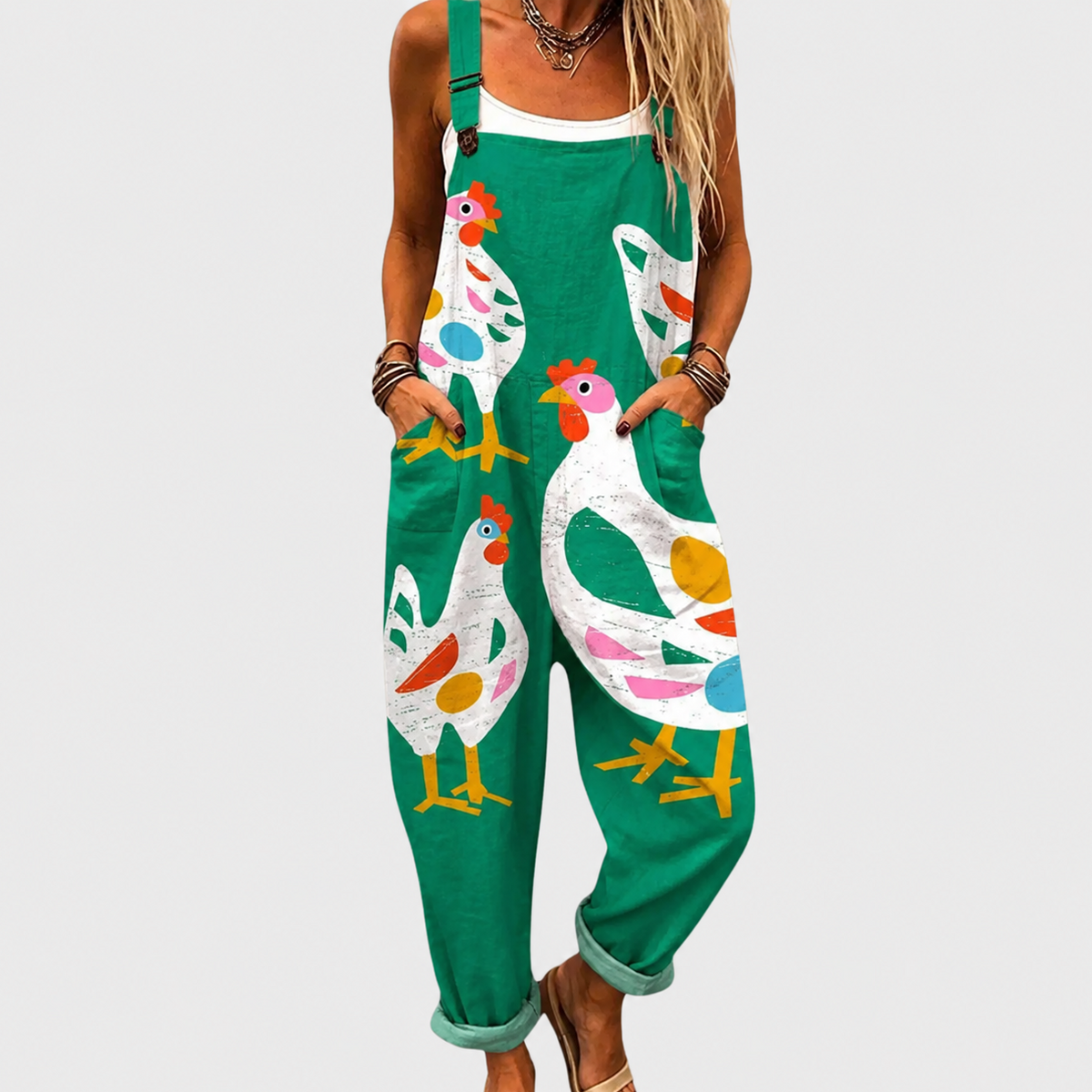 Rooster Print Sleeveless Wide Leg Overall Jumpsuit