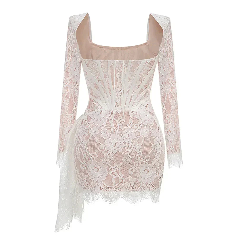 Lace Corset Square Neck Long Sleeve Draped Side Tie Mini Dress 4