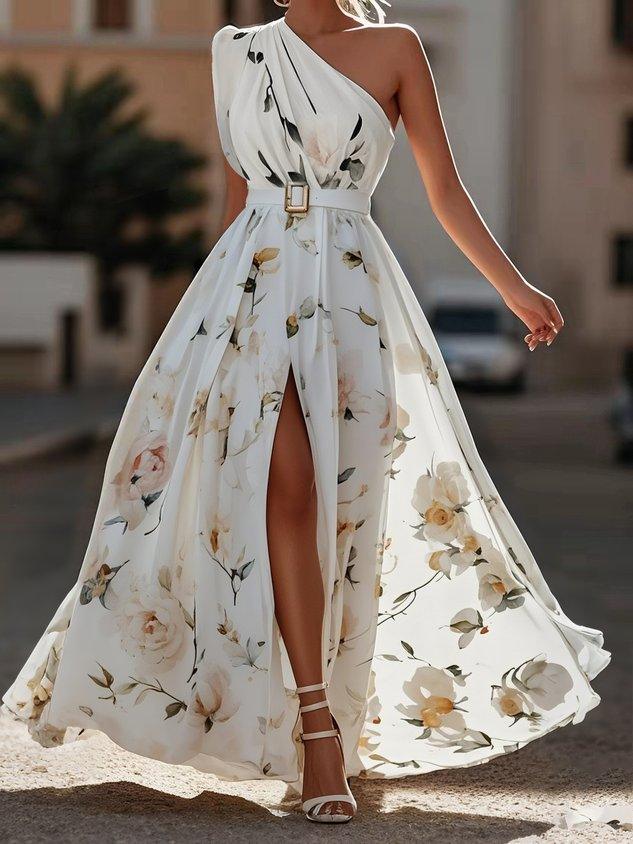 Light Green Floral Ruched One Shoulder A-Line Maxi Chiffon Dress White