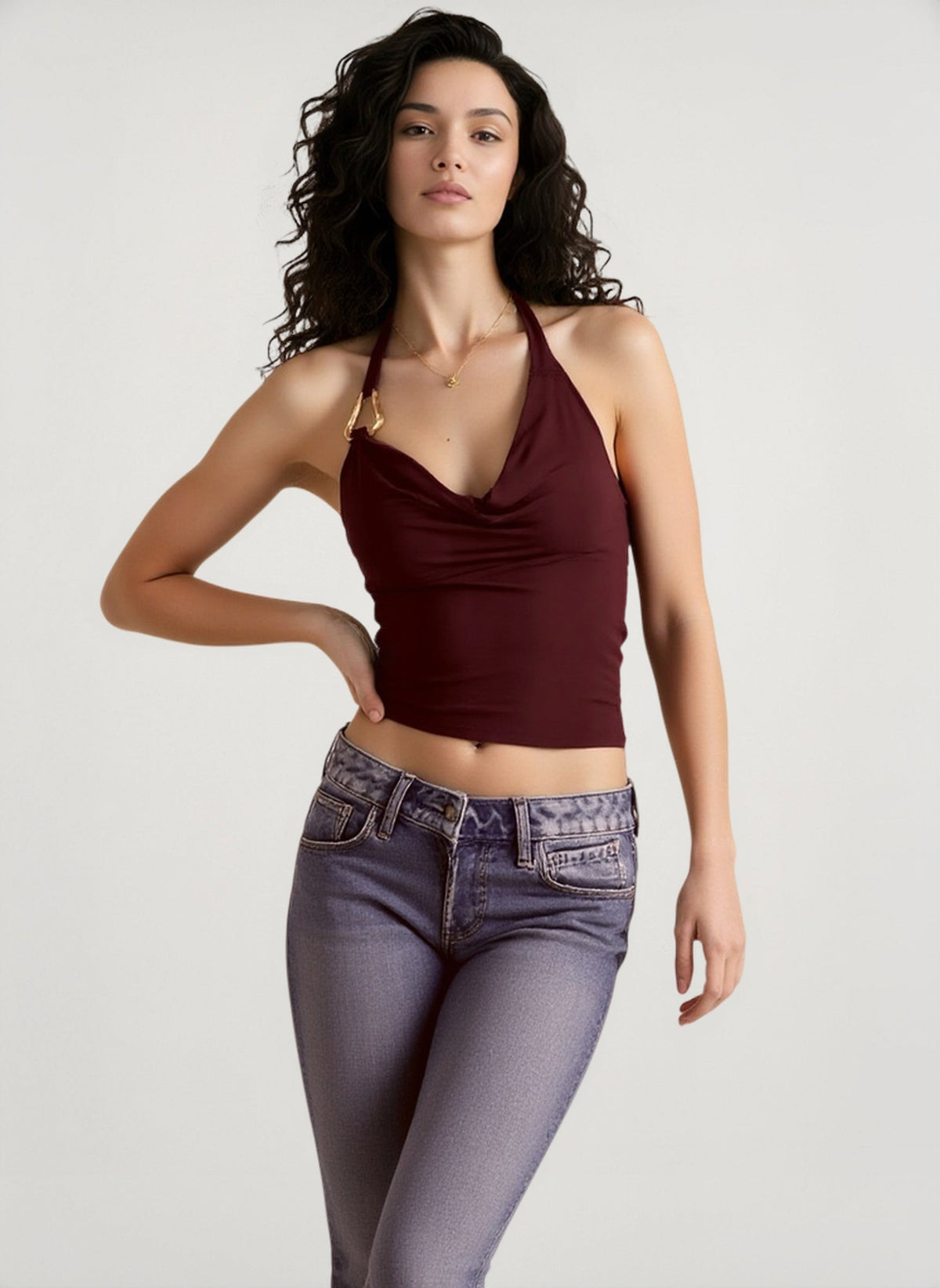 Cowl Neck Halter Neck Ring Detail Sleeveless Draped Top 2