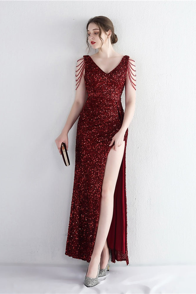 Sequin V-Neck Beaded Fringe High Split Mermaid Gown