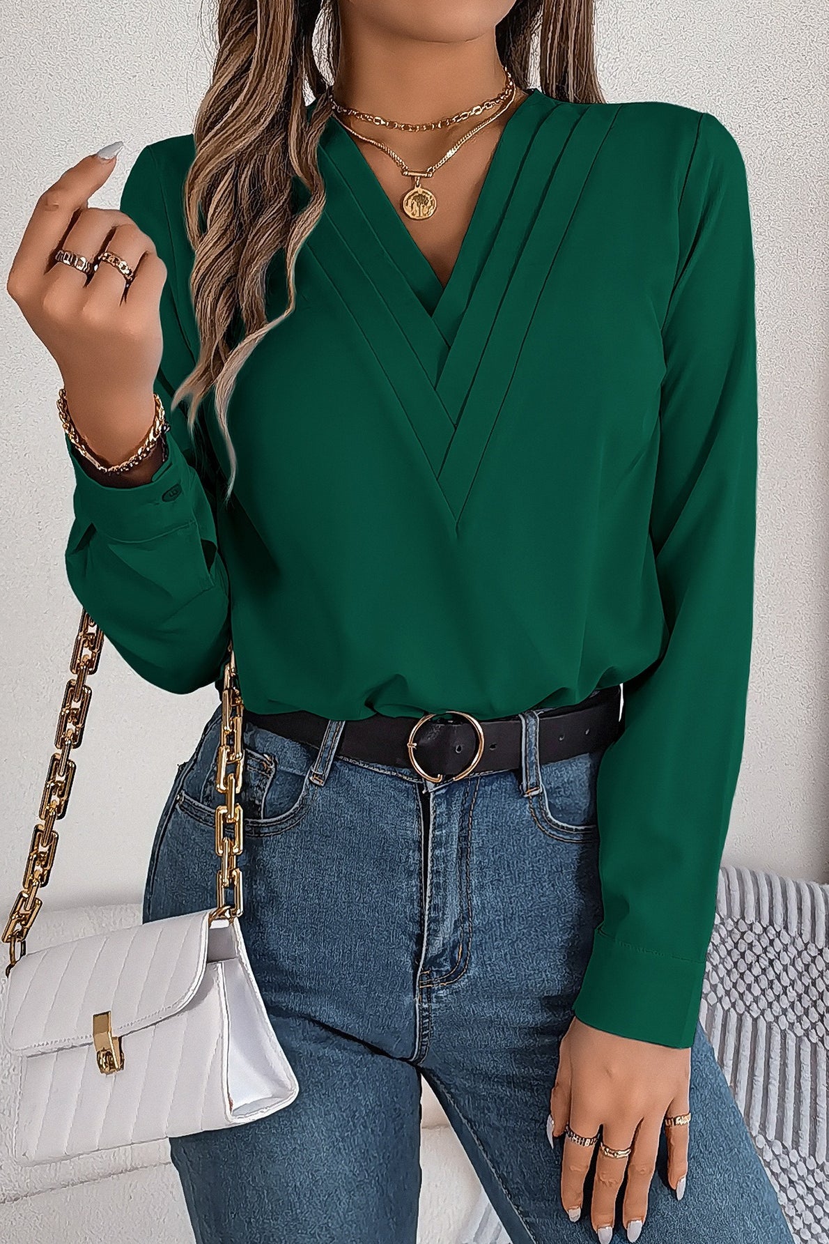 Solid Color Layered V Neck Elegant Long Sleeve Blouse