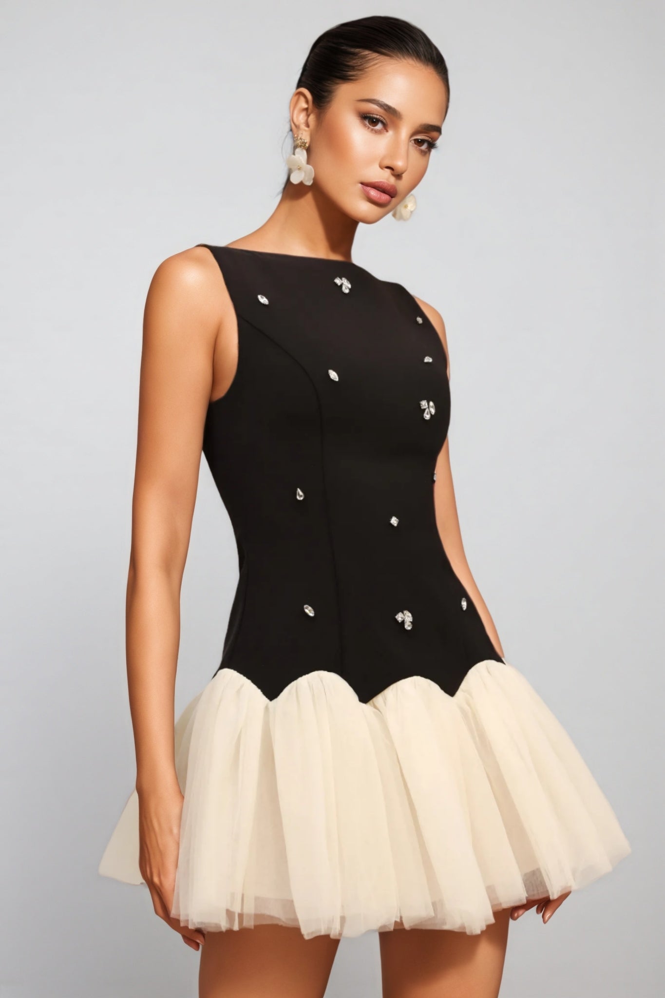 Rhinestone Boat Neck Scalloped Drop Waist Tulle Mini Dress