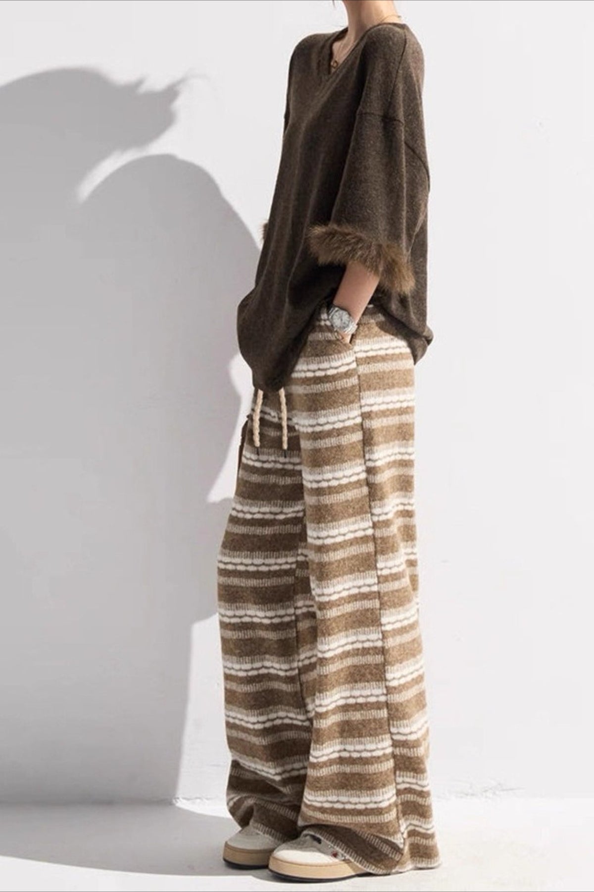 Striped Textured Knit Drawstring Waist Wide Leg Pants 2