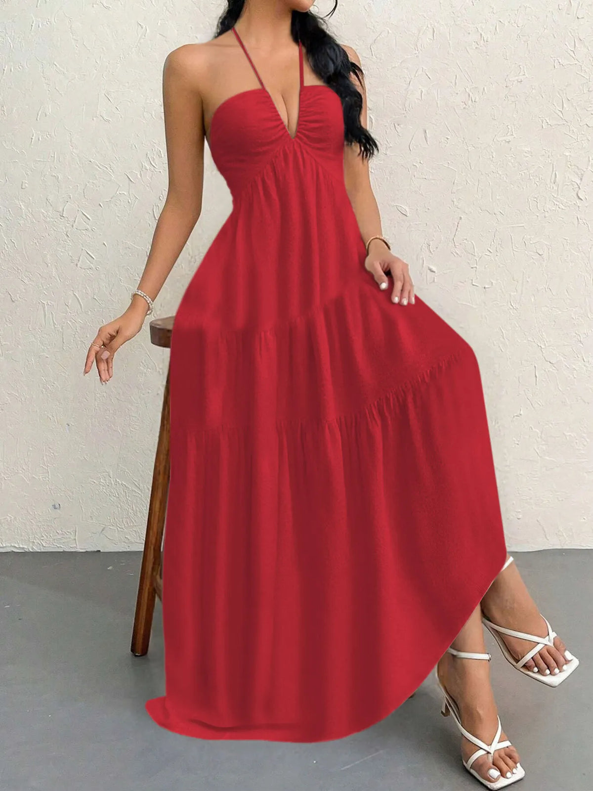 Halter Neck Deep V-Neck Sleeveless Tiered Maxi Dress 13