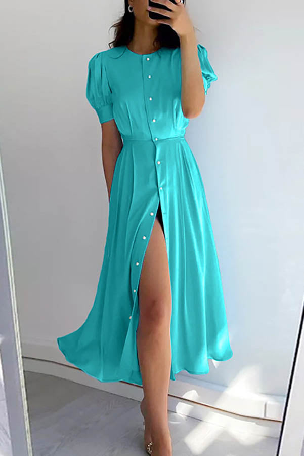 Chic and Classy Vibe Puff Sleeve Pearl Button Slit Midi Dress - View 5