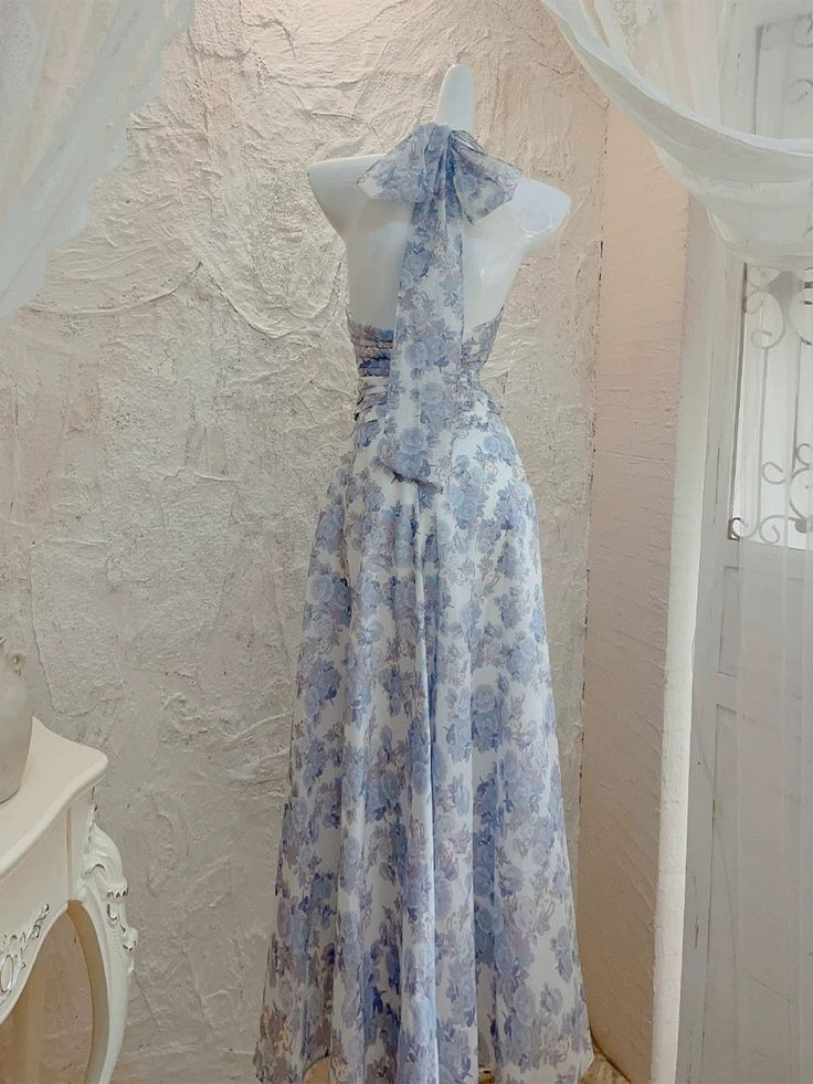 Sexy Chiffon Print Floral Long Prom Dress Halter V Neck Party Evening Gown cc1480