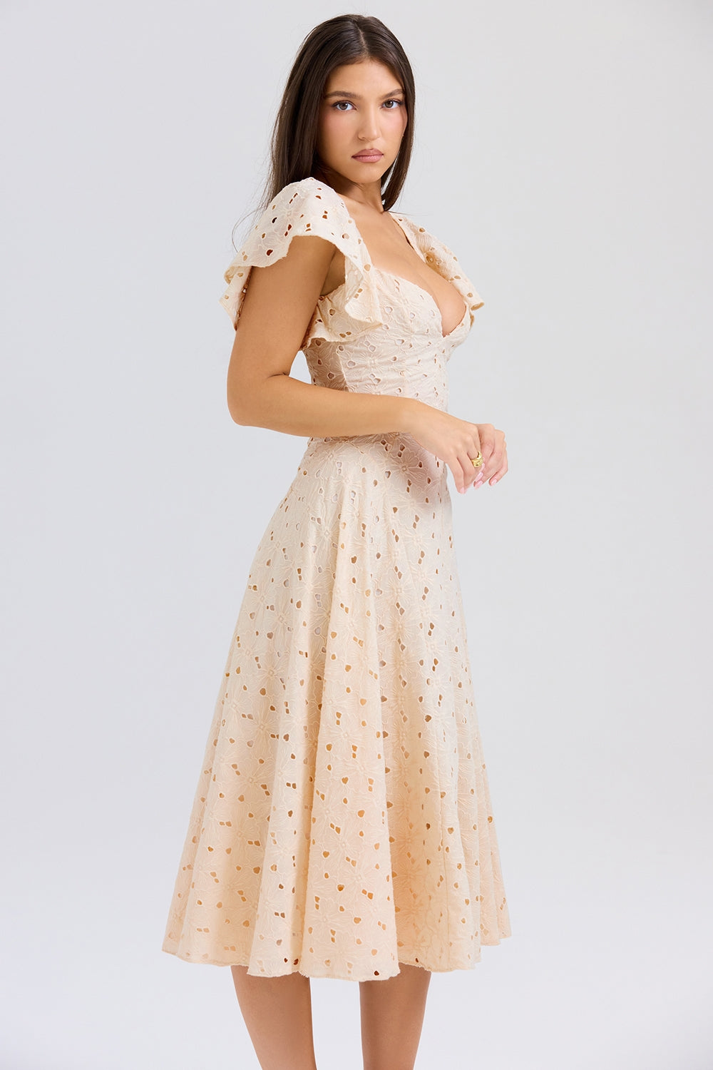 Broderie Anglaise Flutter Sleeve Sweetheart Fit and Flare Midi Dress 6