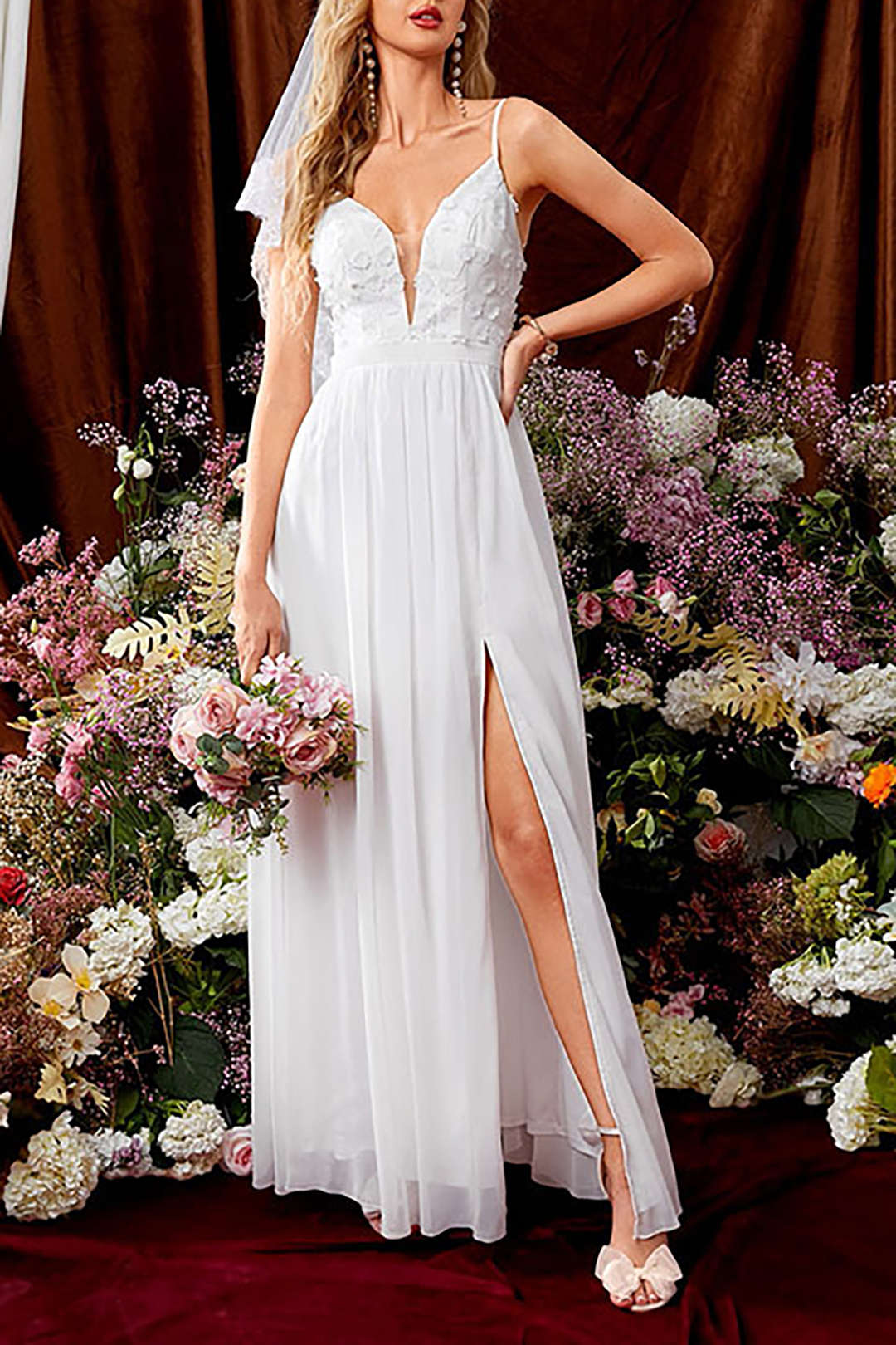 Floral Applique Plunge V-Neck Spaghetti Strap High Split Chiffon Maxi Dress