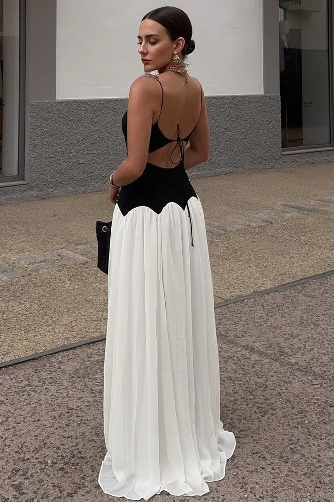 Color Block Open Back Waist Cinch Maxi Slip Dress