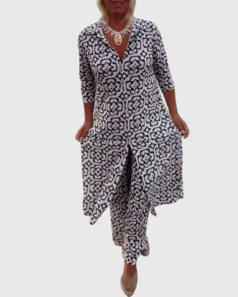 Medallion Print Collared Half Sleeve Tunic and Wide Leg Pants Two Piece Set