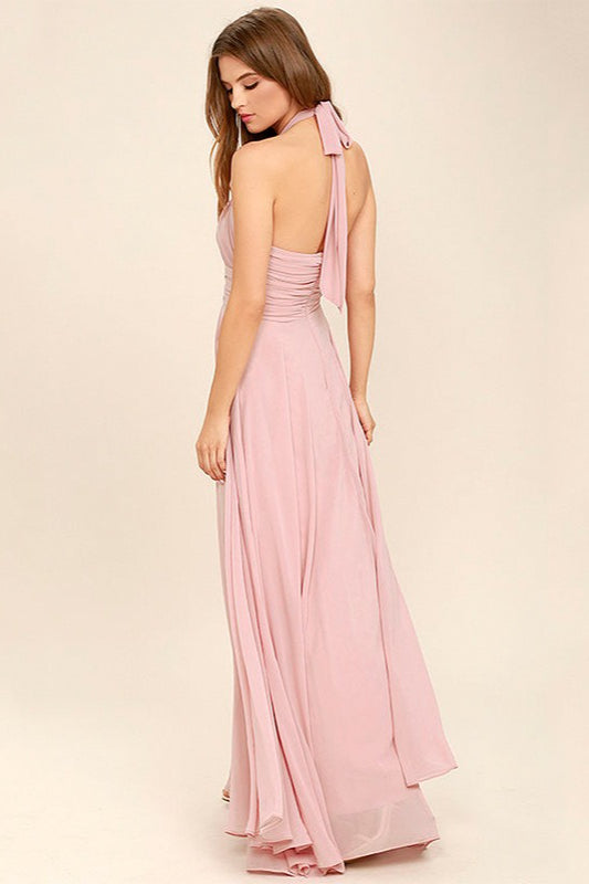 Halter Neck Ruched Chiffon Maxi Gown