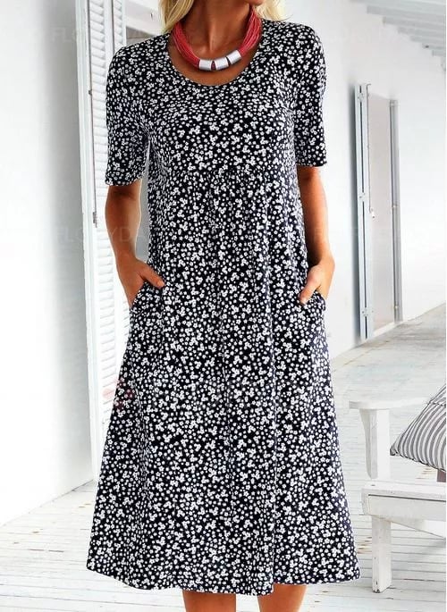 Ditsy Floral Round Neck Short Sleeve Pocket Midi Dress 6