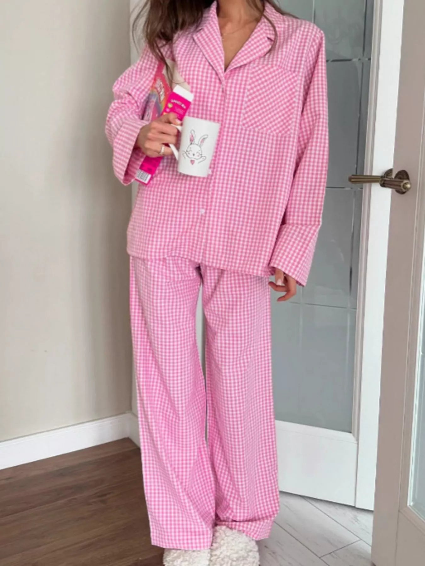 Gingham Button-Down Top and Pants Loungewear Set