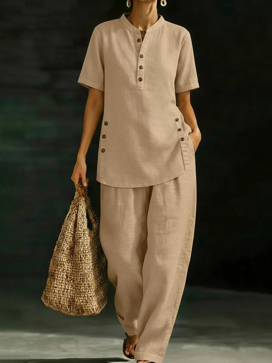 Short Sleeve Button Placket Top and Tapered Pants Two Piece Set