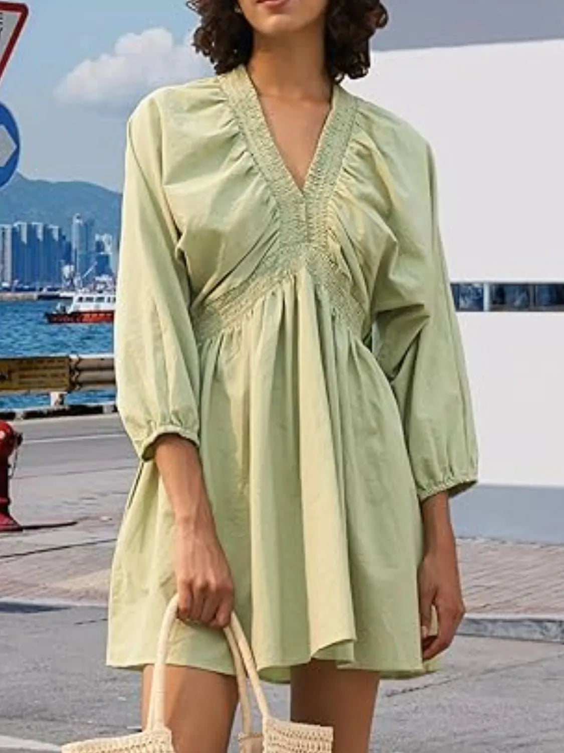Textured Deep V-Neck Balloon Sleeve Smocked Waist Swing Mini Dress 15