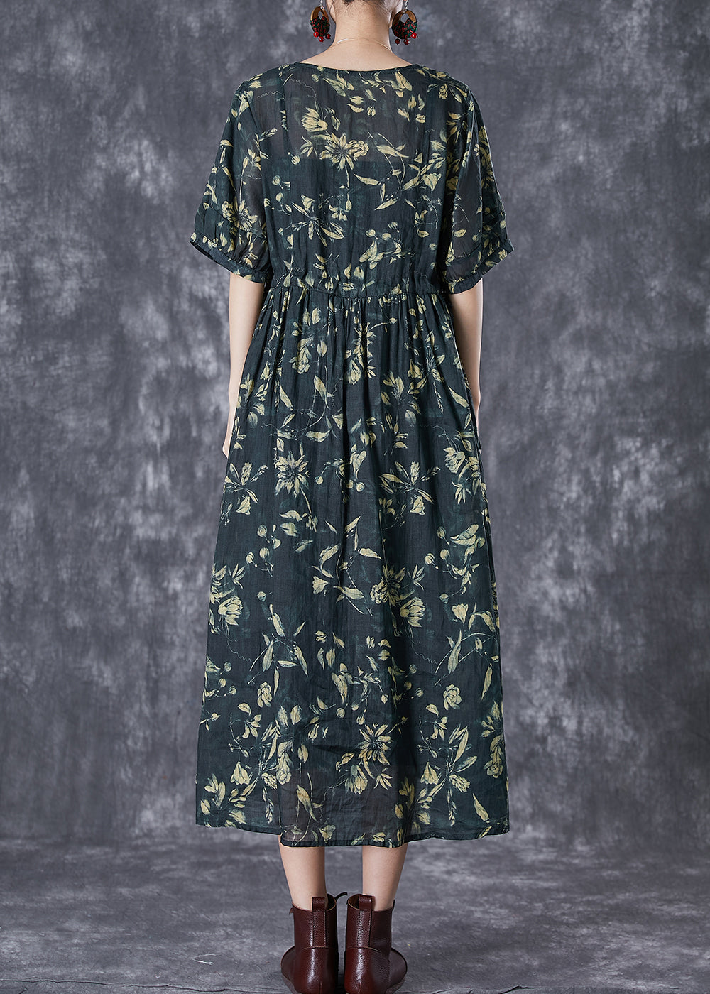 Botanical Print V-Neck Elbow Sleeve Gathered Waist Loose Midi Dress