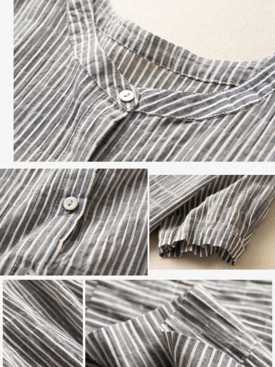 Pinstripe Print Round Neck Button Front Short Sleeve Gathered Waist Flared Midi Dress