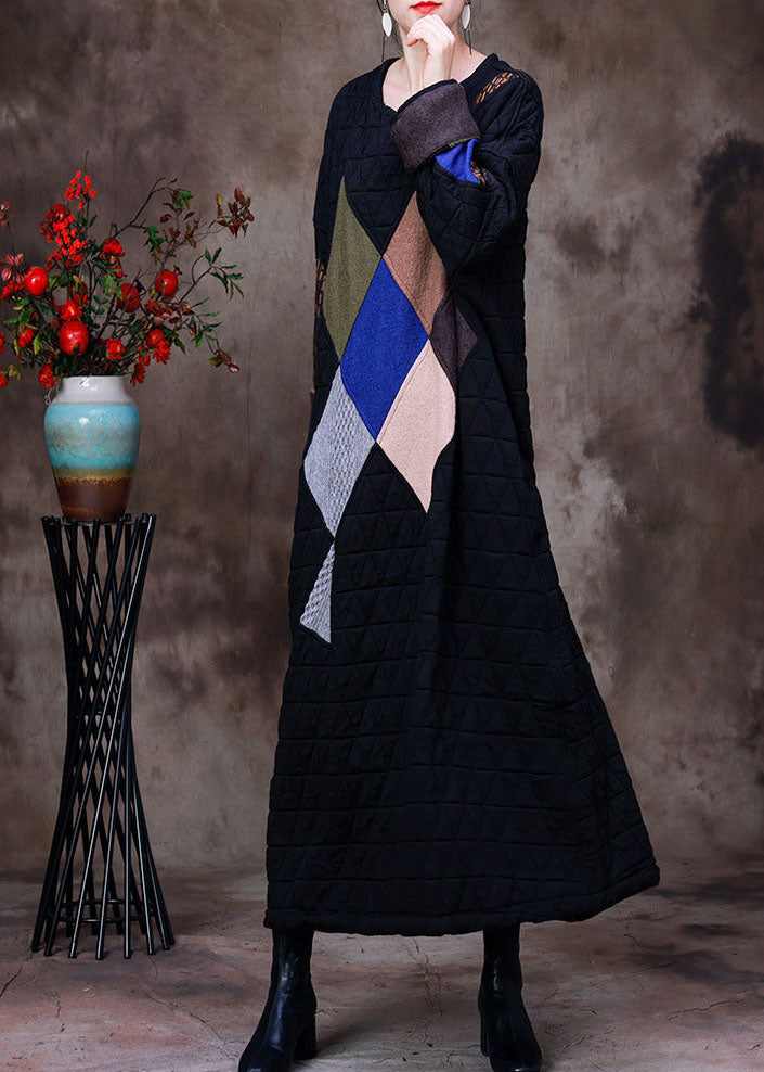 Quilted Geometric Patchwork Round Neck Long Sleeve Oversized Maxi Dress